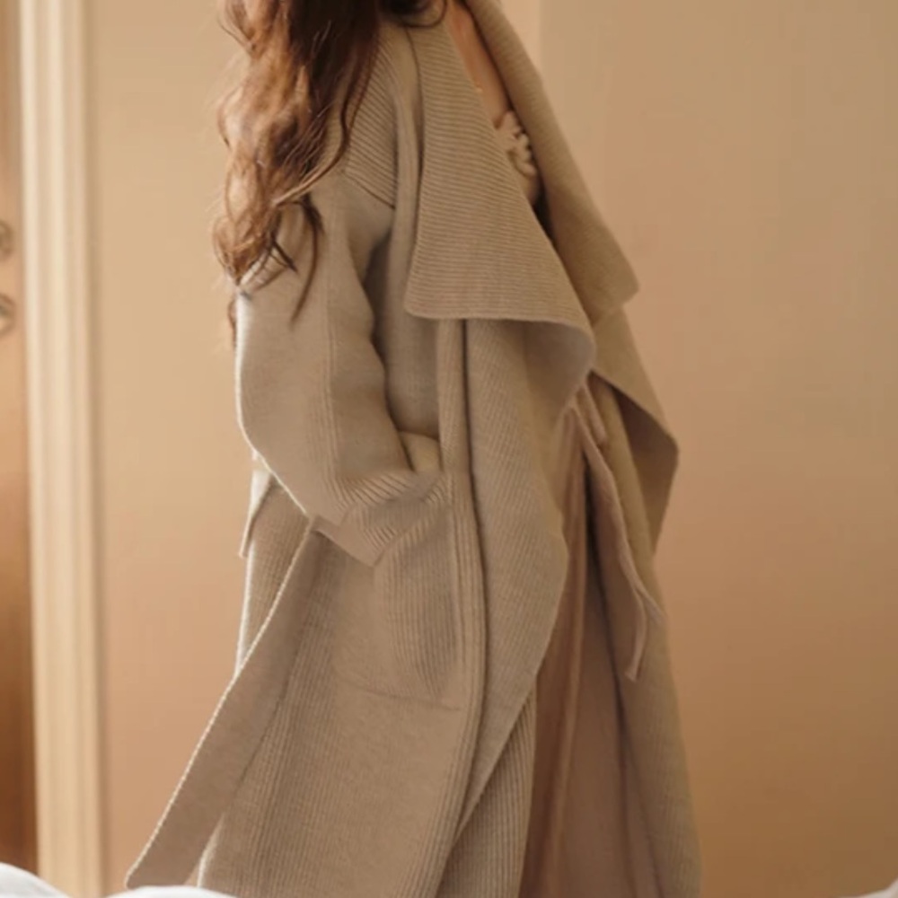 998. LAST 1! Heavyweight Tan Cardigan Coat Chunky Maxi Oversized pocket Long Rib - Picture 2 of 2